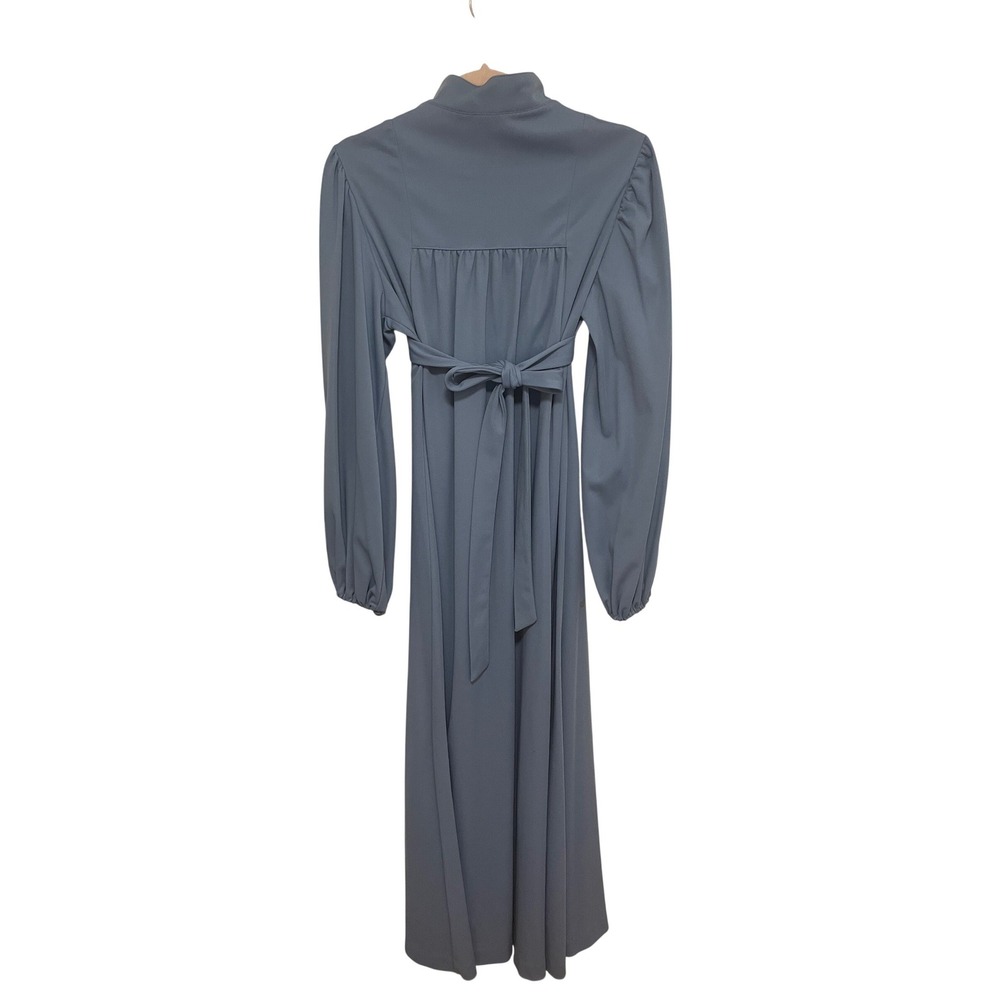 Vintage 70s Maxi Dress Slate Blue High Neck Empire Waist Size 11 - Picture 3 of 5